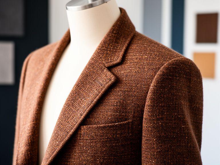 Blazer casual marrone in tessuto bouclé appeso accanto a tessuti campione in un atelier romano luminoso