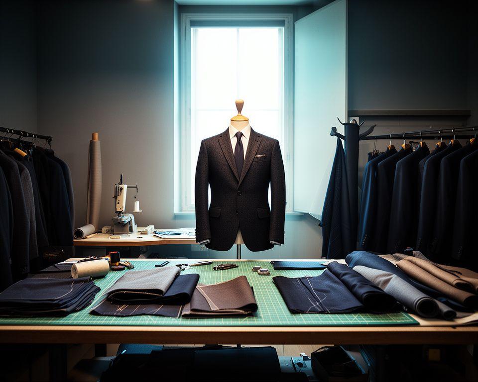 Atelier romano con luce naturale, tavolo da taglio, tessuti pregiati e un blazer appeso vicino alla finestra