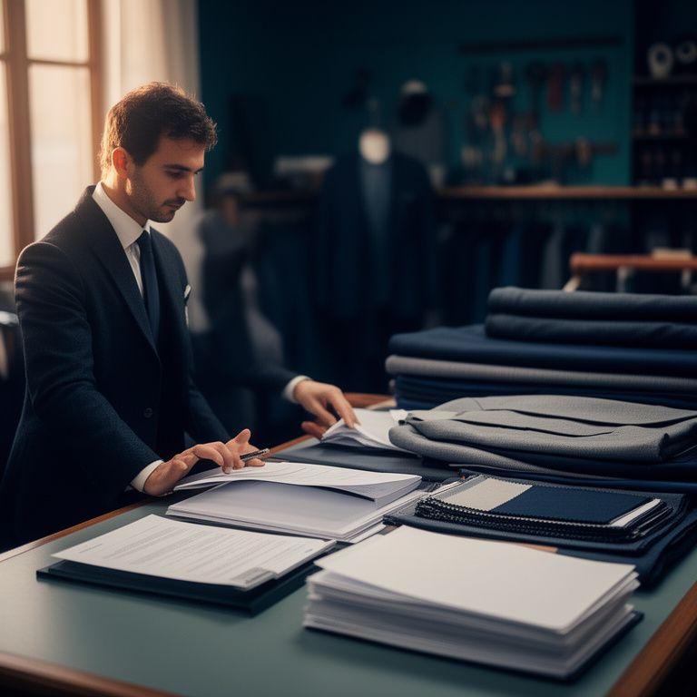 Sarto in atelier romano che organizza documenti privacy accanto a tessuti e blazer su misura